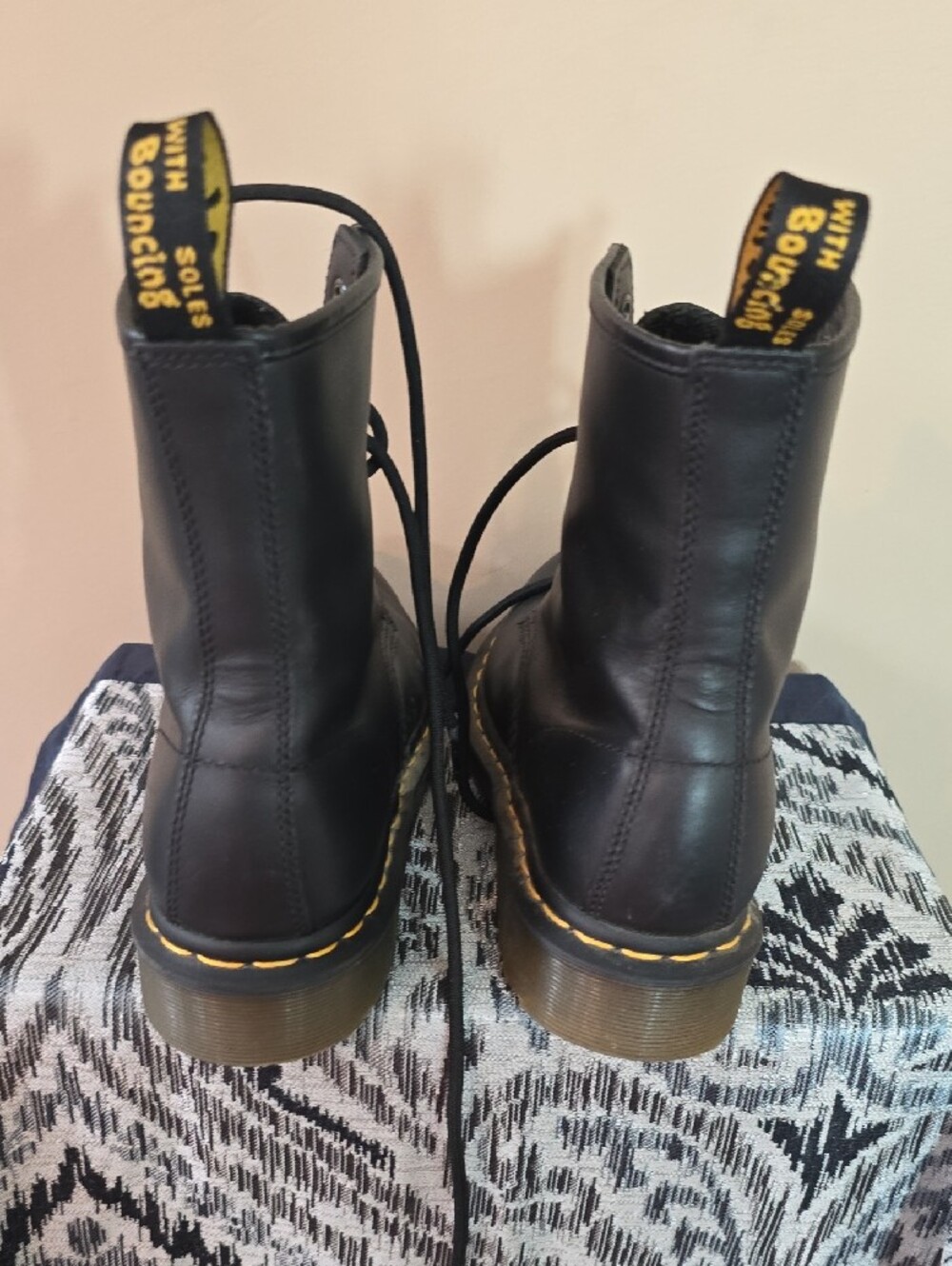 Dr. Martens Black Leather Lace-Up Combat Boots with Yellow Stitching - Picture 14 of 14
